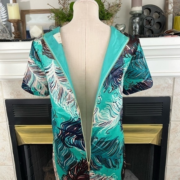Kate Spade Regal Plumes Feather Print Shift Teal with Platinum Sheen Mini Dress - Picture 10 of 17